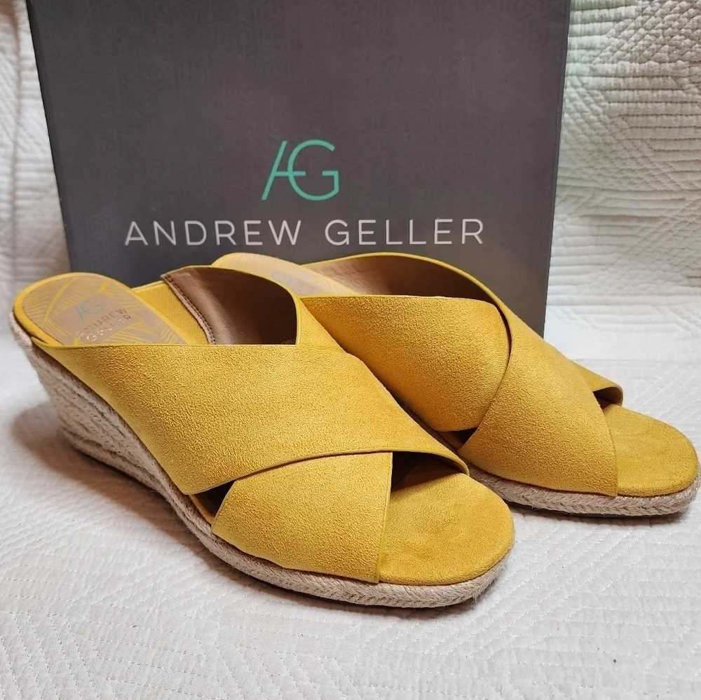 Andrew Geller Kimber Espadrille Wedge Sandal. Yellow faux suede.  Size 9.